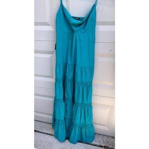 Express Teal Maxi Dress With Spaghetti Straps & Tiered Skirt